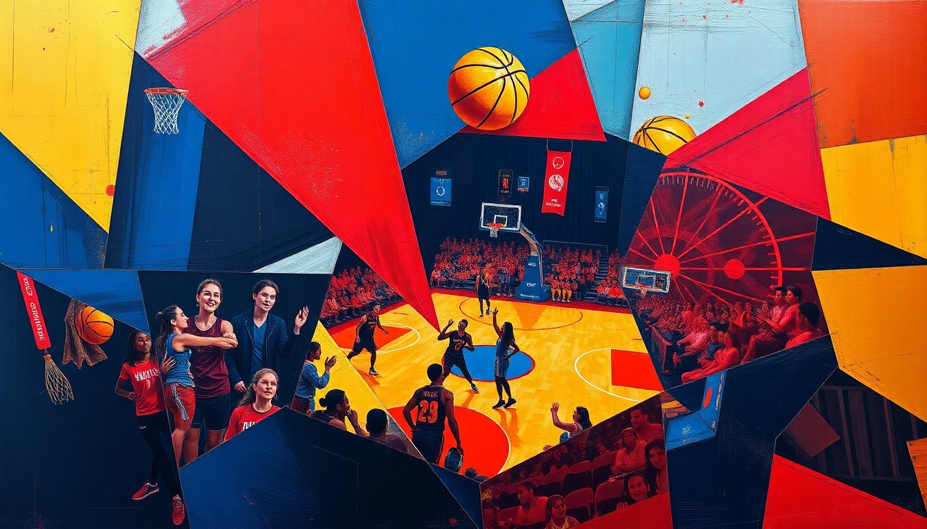 A fractured, cubist-style painting depicting the dynamic movements and energy of a WNBA basketball game, with players' forms broken down into overlapping geometric shapes in a vibrant color palette.