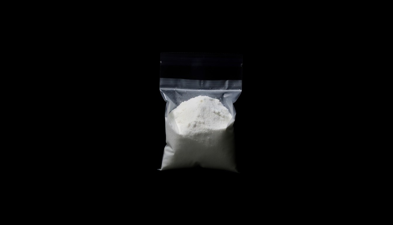 An extreme close-up photograph of a small plastic bag containing a white crystalline powder, capturing the texture and material details under harsh, direct lighting to create a stark, gritty investigative aesthetic.