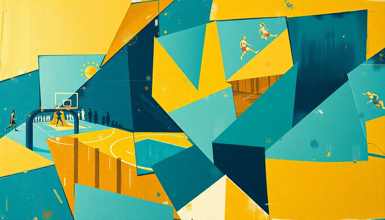 A fragmented, abstract painting in the style of Pablo Picasso, featuring sharp, overlapping geometric shapes in shades of teal, navy, and gold, conceptually representing the dynamic energy of a WNBA draft selection.