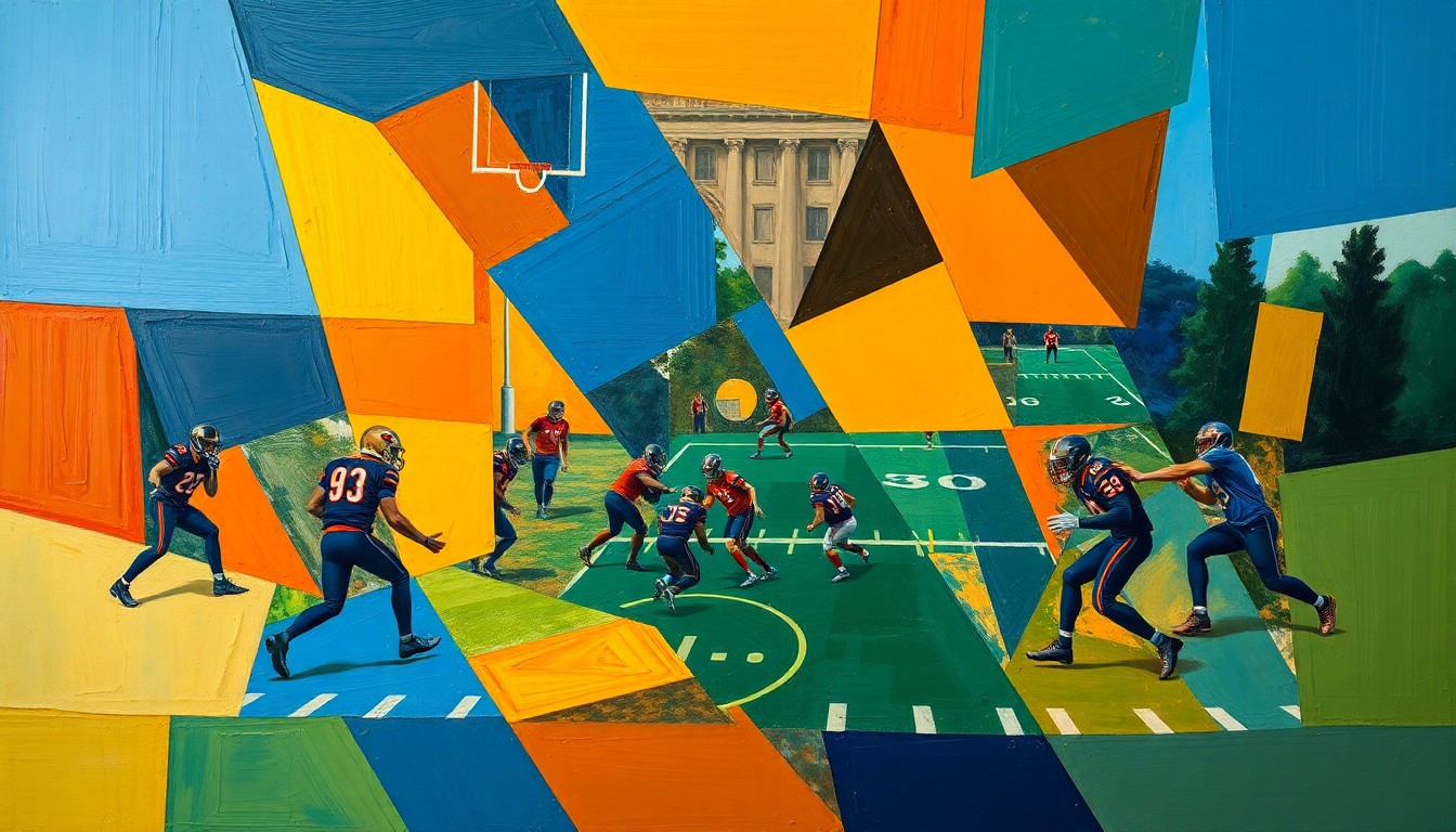 A cubist, geometric painting depicting a fractured, multi-angled view of a football practice, with sharp planes of color representing the players, coaches, and field.