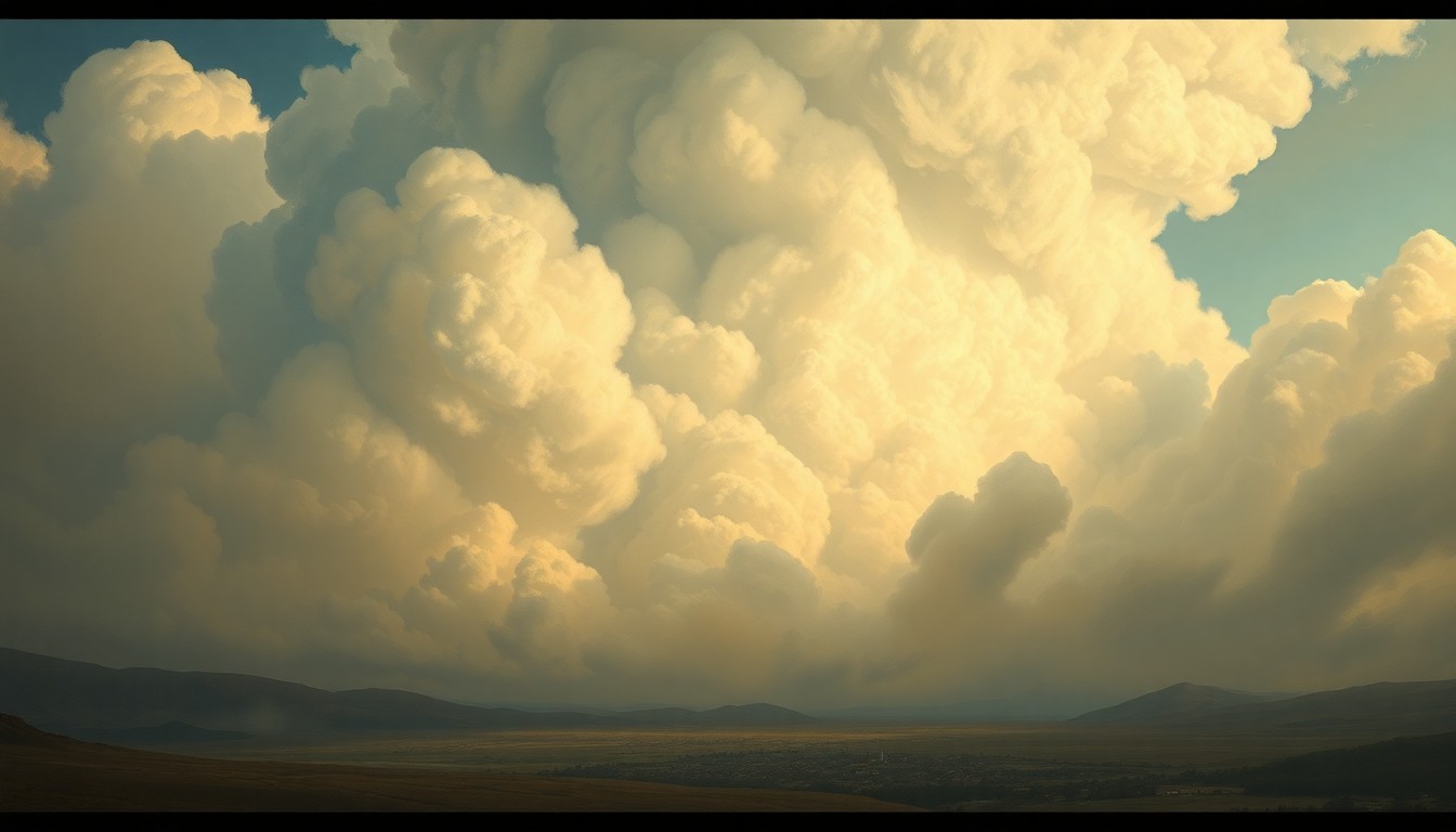 A sweeping, atmospheric landscape painting depicting a massive, swirling cloud formation dominating the sky over a small town in the distance, conveying the overwhelming power of nature.