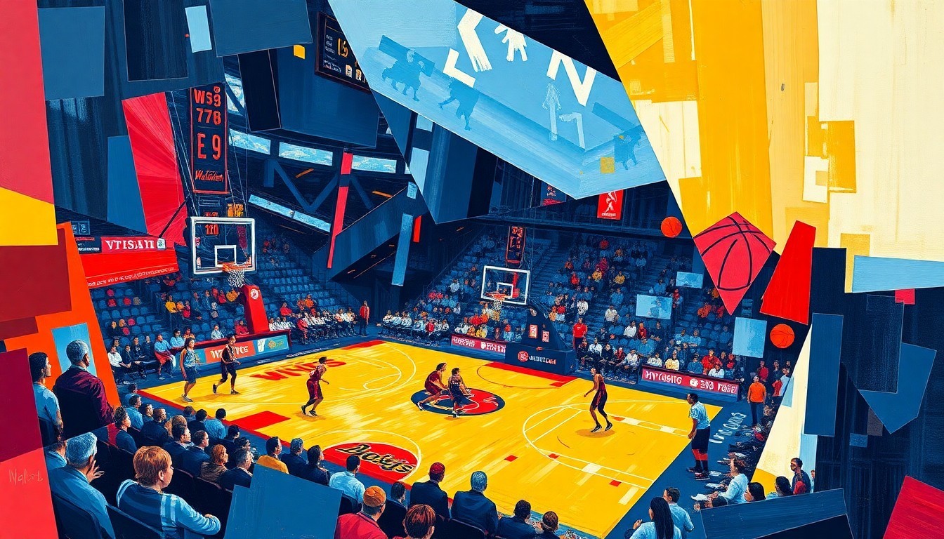 A cubist, geometric painting depicting a WNBA basketball game, with the players and court broken down into sharp, overlapping planes of navy blue, red, and gold, conceptually representing the strategic and competitive nature of the sport.