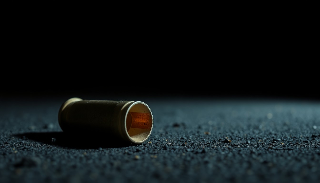 An extreme close-up photograph of a spent shell casing on the ground, reflecting a bright flash of light and creating a stark, gritty, investigative aesthetic that conceptually represents the investigation into a reported shooting incident.