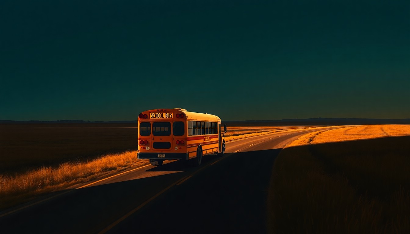 A serene oil painting of a lone school bus parked on a rural road, the warm sunlight casting long shadows across the scene, conveying a sense of quiet contemplation about the political challenges facing a community-focused candidate.