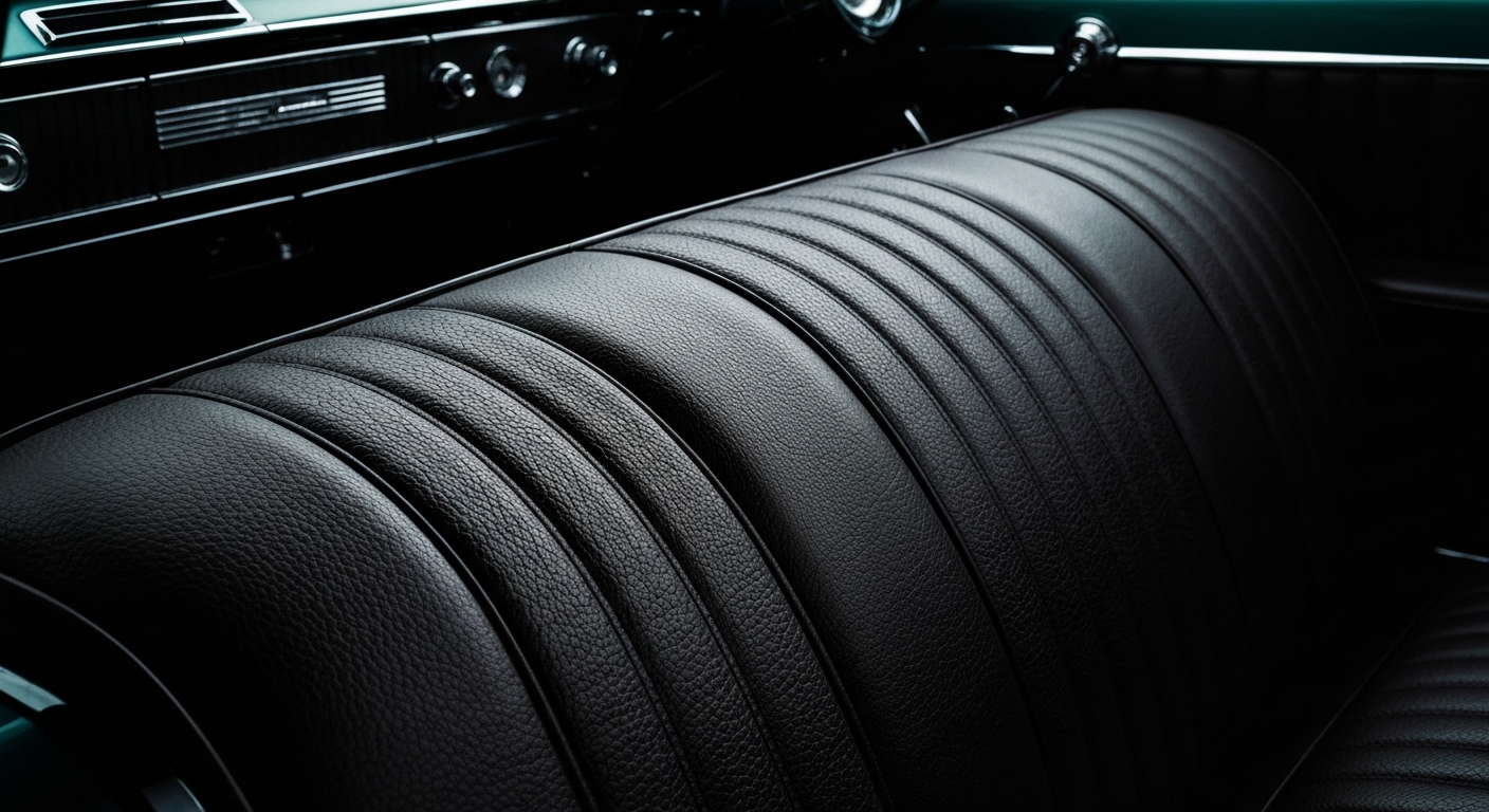 An extreme close-up of the textured leather and chrome details of a 1957 Ford Thunderbird, conveying the classic car's timeless elegance and craftsmanship.