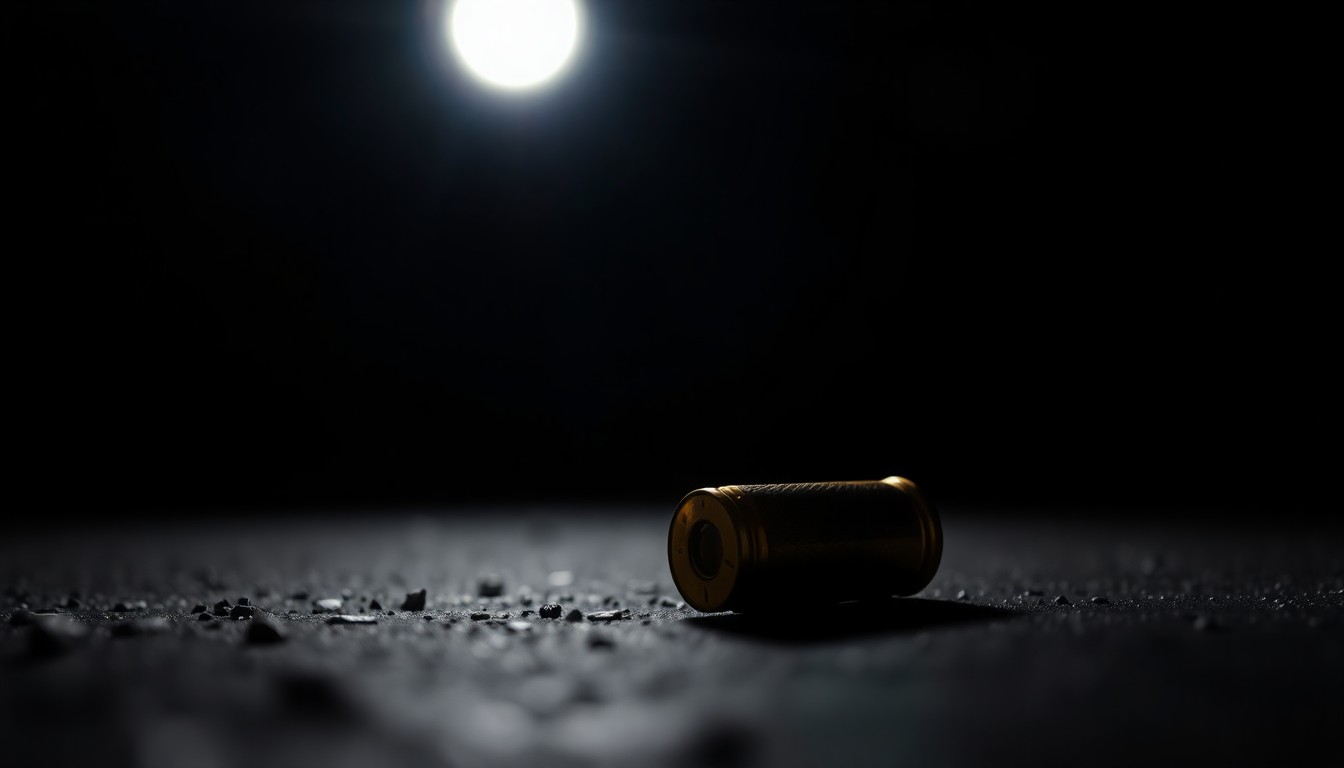 An extreme close-up of a shiny, metallic bullet casing on the ground, reflecting the harsh light of a camera flash, conceptually representing the aftermath of a drive-by shooting.