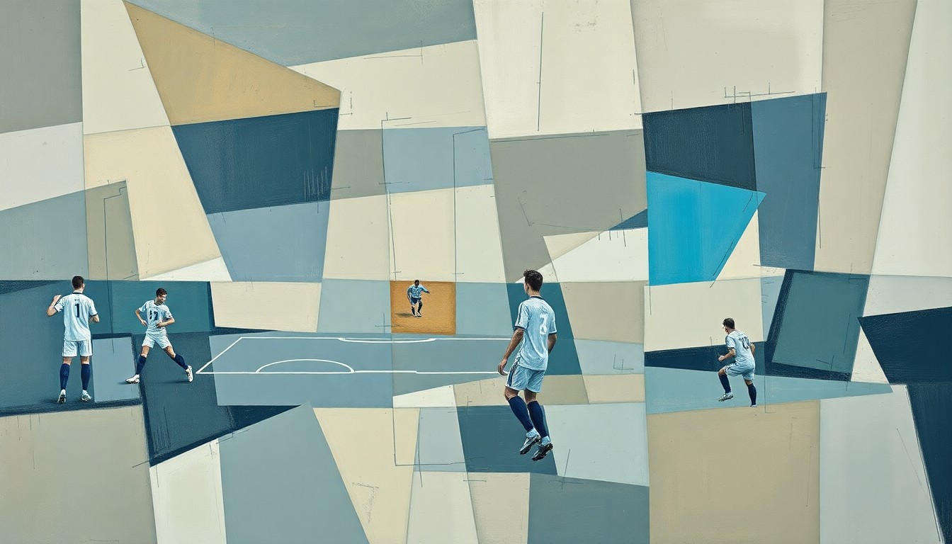 A fragmented, cubist-style painting depicting a soccer training session broken down into sharp, overlapping geometric shapes in muted tones, conveying the tension and competing priorities in the city council's decision.