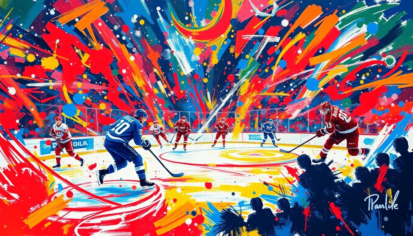An abstract, expressionist painting in vibrant neon colors capturing the raw energy and drama of a hockey overtime finish, with players' forms dissolving into energetic brushstrokes and splatters of paint.