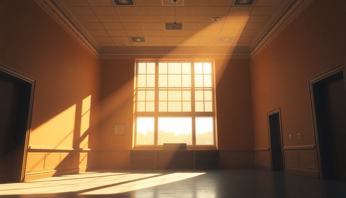 A dimly lit, cinematic interior scene of an empty government office or administrative building, with warm sunlight streaming through the windows and casting deep shadows across the walls and furniture, creating a sense of quiet contemplation and bureaucratic oversight.