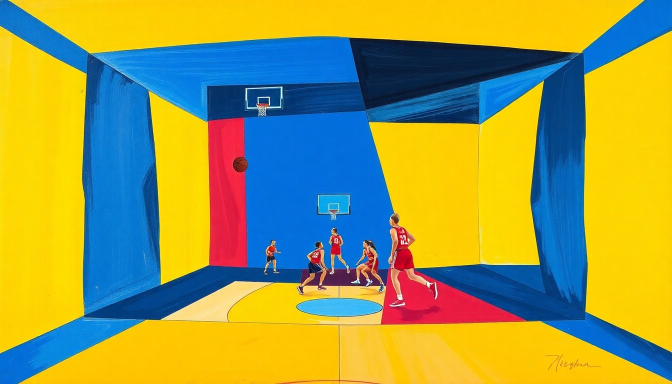 A fragmented, cubist-style painting depicting the dynamic movements and energy of a women's basketball game, with sharp geometric shapes in shades of blue, red, and yellow.