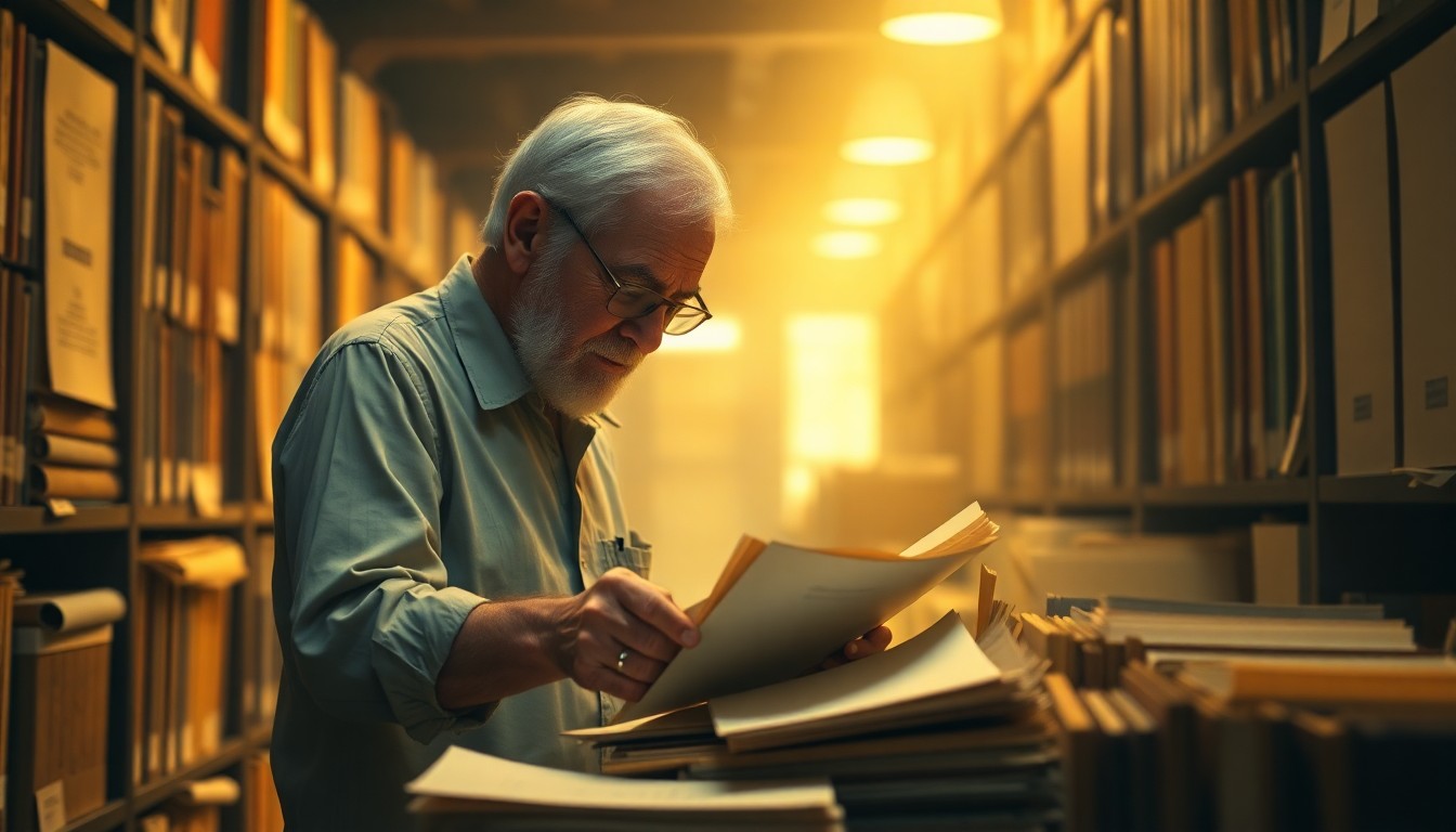 An abstract, impressionistic photograph of an older man's hands carefully sorting through stacks of old documents in a softly lit library setting, conveying a sense of dedication to preserving local history.