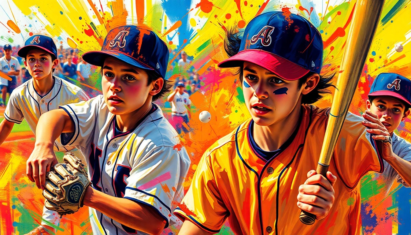 An abstract, expressionist painting in vibrant neon colors, with rapid brushstrokes capturing the dynamic motion and energy of a high school baseball game.