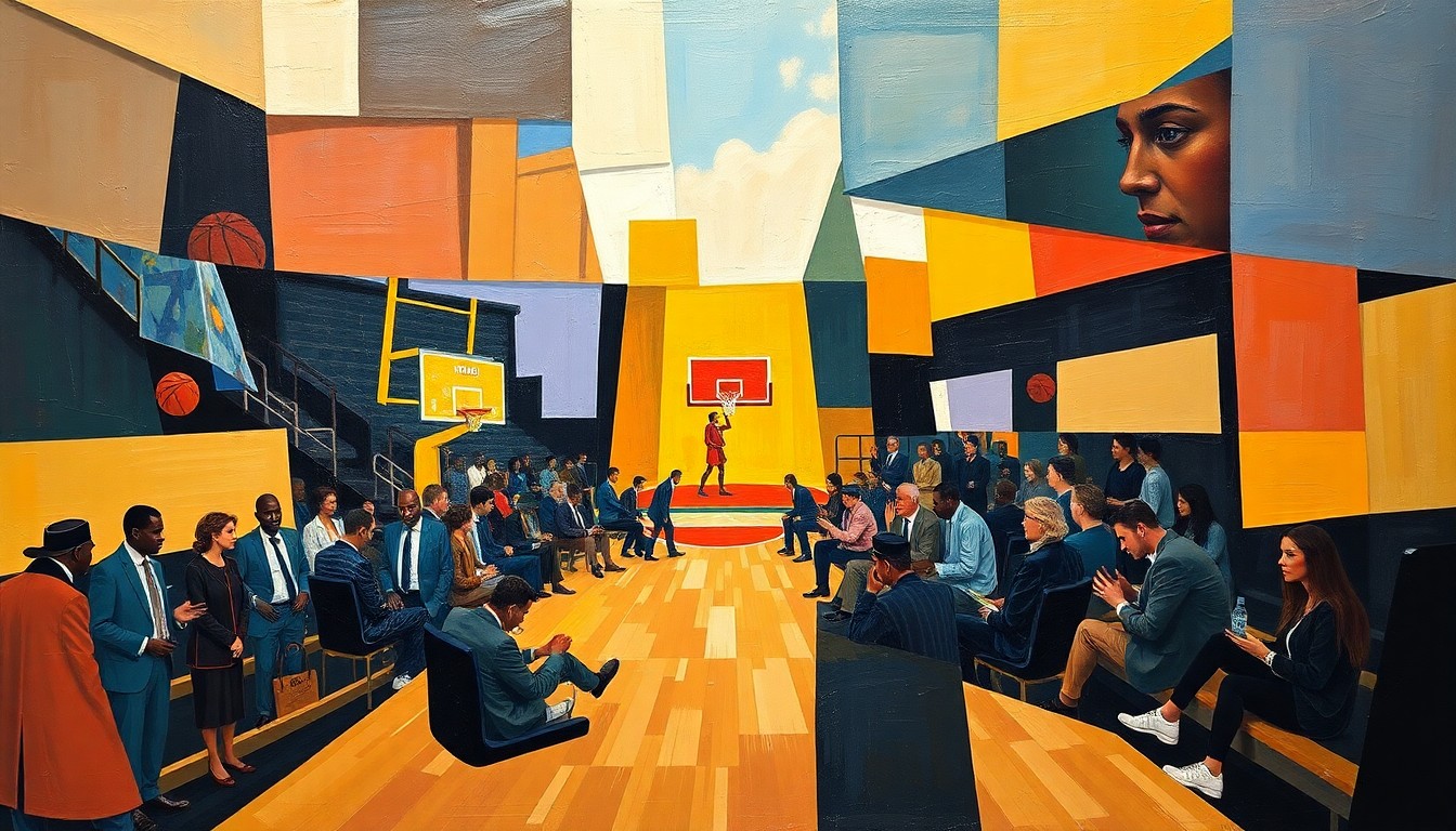 A cubist, geometric painting depicting a fragmented WNBA draft scene, with overlapping shapes and planes in muted tones, conveying the emotional weight of Auriemma's personal obligations.