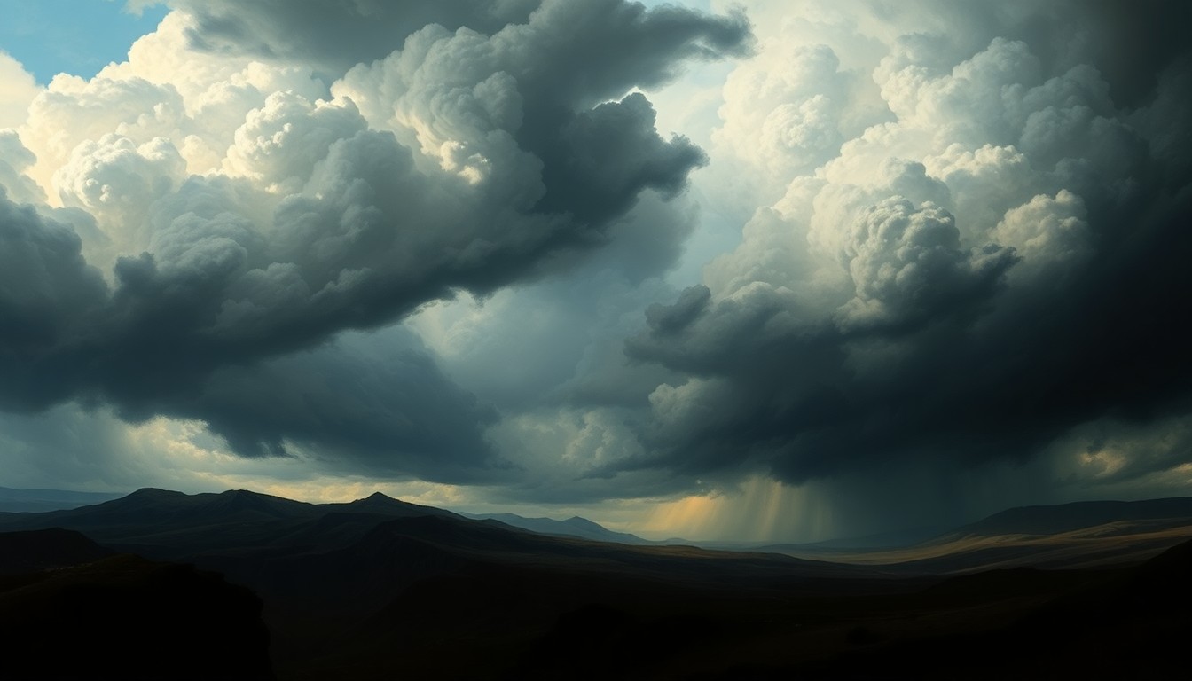 A sweeping, atmospheric landscape painting in muted tones of gray, blue, and green, depicting a stormy sky with heavy clouds and dramatic lighting. The scene conveys the overwhelming, sublime scale of the natural world, with any physical structures or objects dwarfed by the powerful weather conditions.