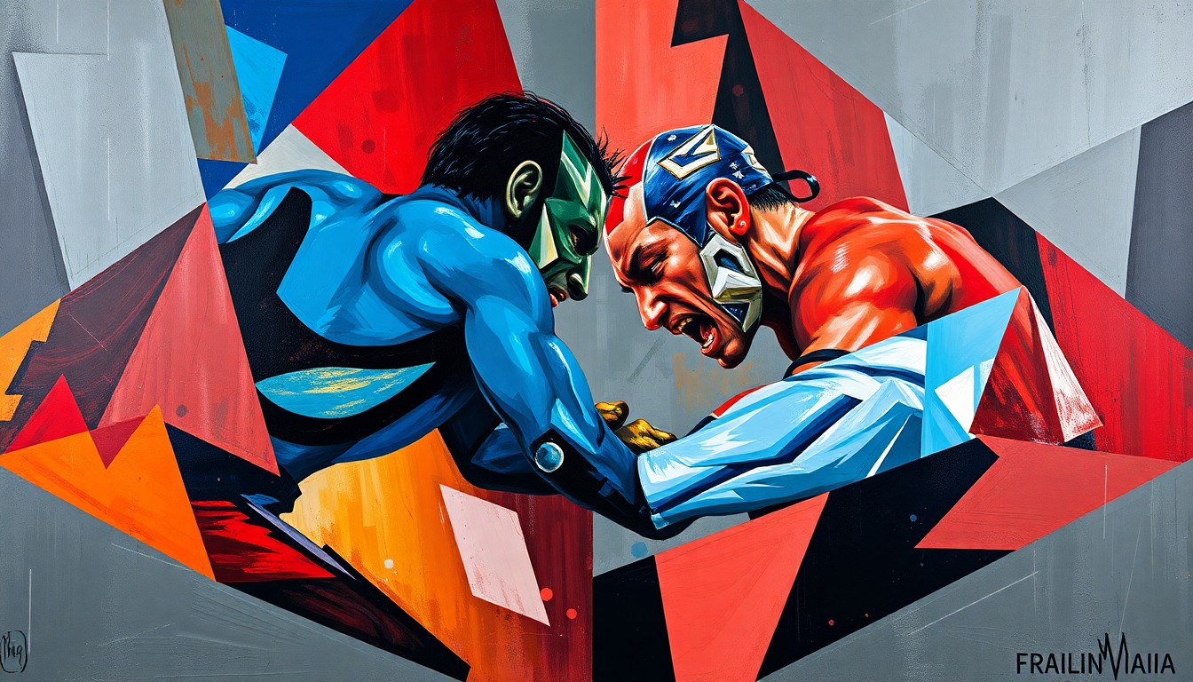 A fractured, geometric painting depicting the intense action of a wrestling match, with sharp planes of color and overlapping figures conveying the energy and drama of the competition.