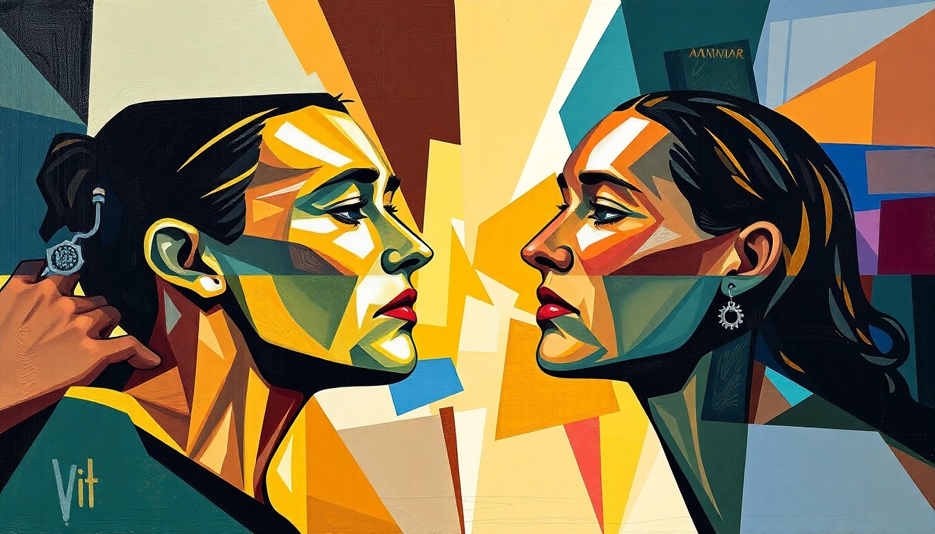 A cubist, geometric painting depicting the movement and energy of a WNBA draft-night trade, with sharp planes of color and form representing the players, teams, and the unexpected transaction.