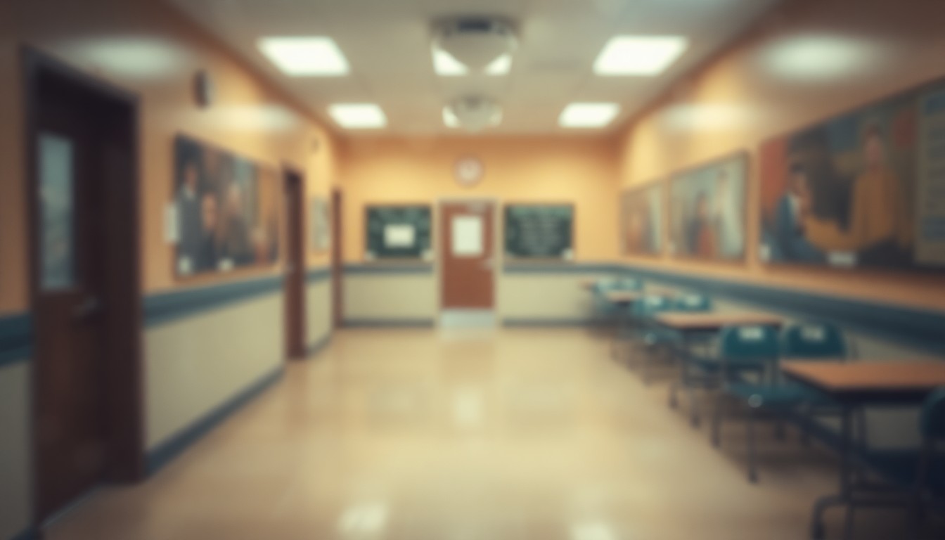An abstract, out-of-focus photograph in warm, muted tones depicting a blurred, atmospheric scene of an empty school hallway or classroom, conceptually representing the challenges facing the Boulder Valley School District as it navigates declining enrollment.