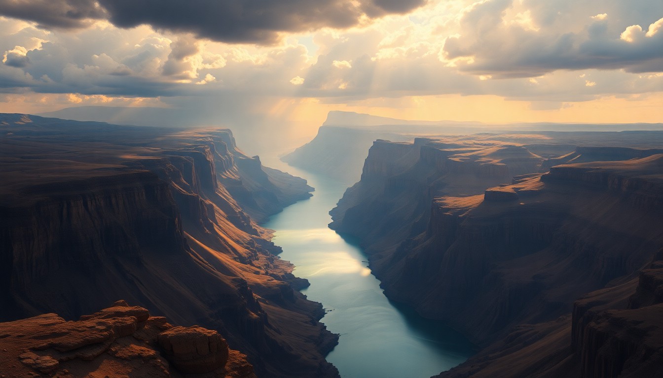 A sweeping, atmospheric landscape painting depicting the vast, sublime scale of the Colorado River, with dramatic lighting and deep perspective that dwarfs any physical objects within the scene, conveying the river's power and danger.