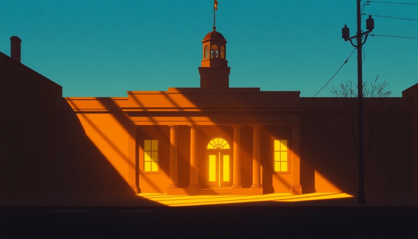 A serene, cinematic painting of a municipal building in warm, golden light, with deep shadows casting across the facade, conveying a sense of civic duty and the gravity of local leadership decisions.