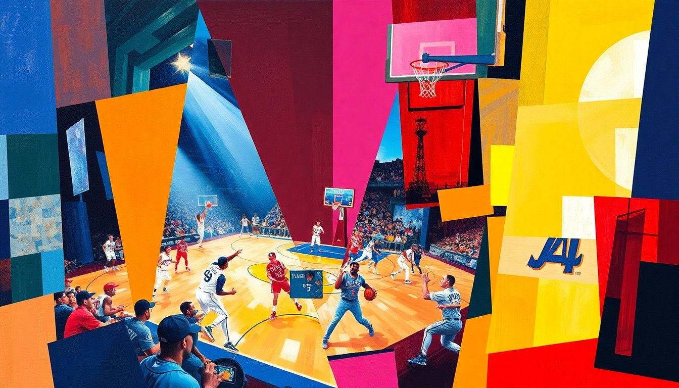A fragmented, geometric painting in vibrant team colors depicting the dynamic action of a baseball or basketball game, conceptually representing the excitement and strategic analysis of the upcoming play-in tournaments.