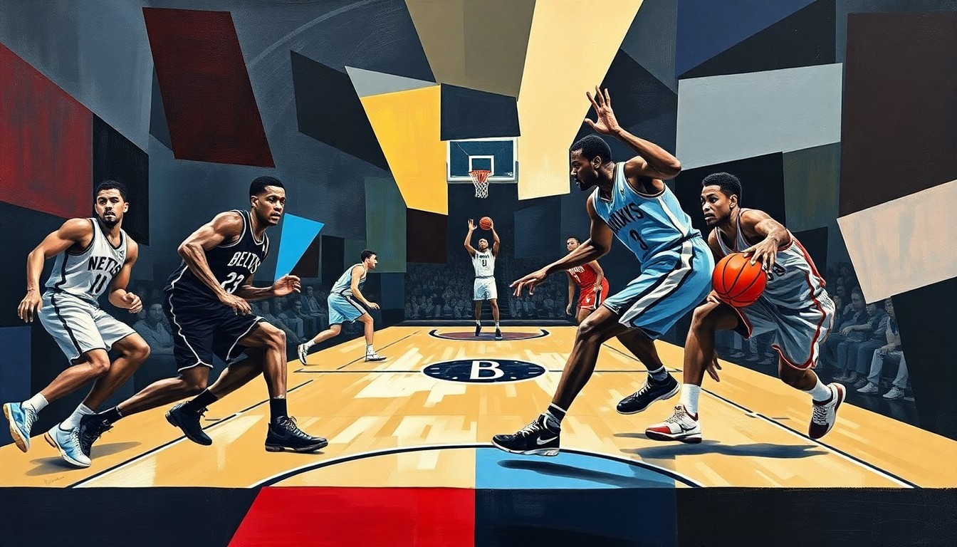 A fragmented, cubist-style painting depicting a basketball game in progress, with the players' forms broken down into geometric shapes and planes of color representing the Nets and their opponent.
