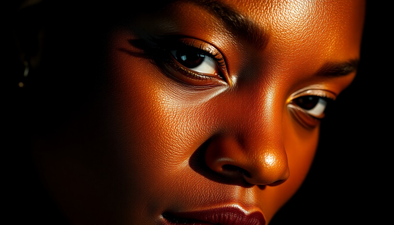 An extreme close-up photograph of Nia Long's face, capturing the intricate texture and luminous quality of her skin under dramatic, high-contrast studio lighting, conveying a sense of glamour and timeless appeal.