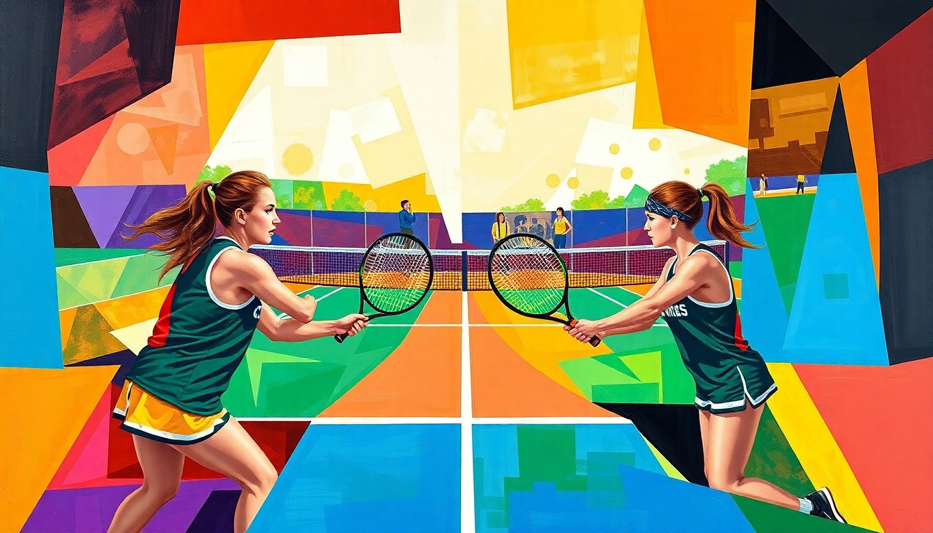 A fractured, multi-perspective painting depicting a women's tennis match, with sharp, overlapping geometric planes in the vibrant colors of the Bemidji State Beavers and Jamestown Jimmies uniforms.