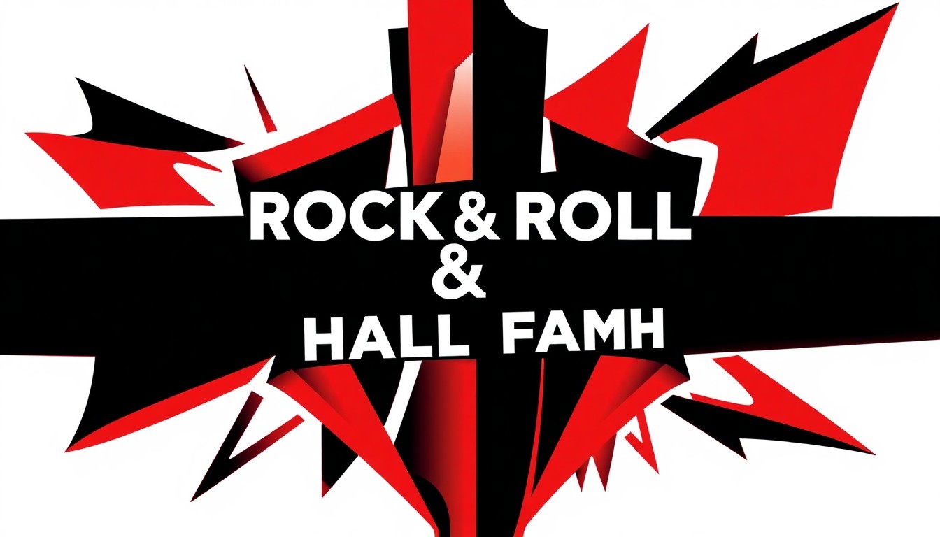 An abstract, minimalist illustration featuring stark black silhouettes and bold red and white geometric shapes, conceptually representing the Rock & Roll Hall of Fame and the induction of new legendary artists.