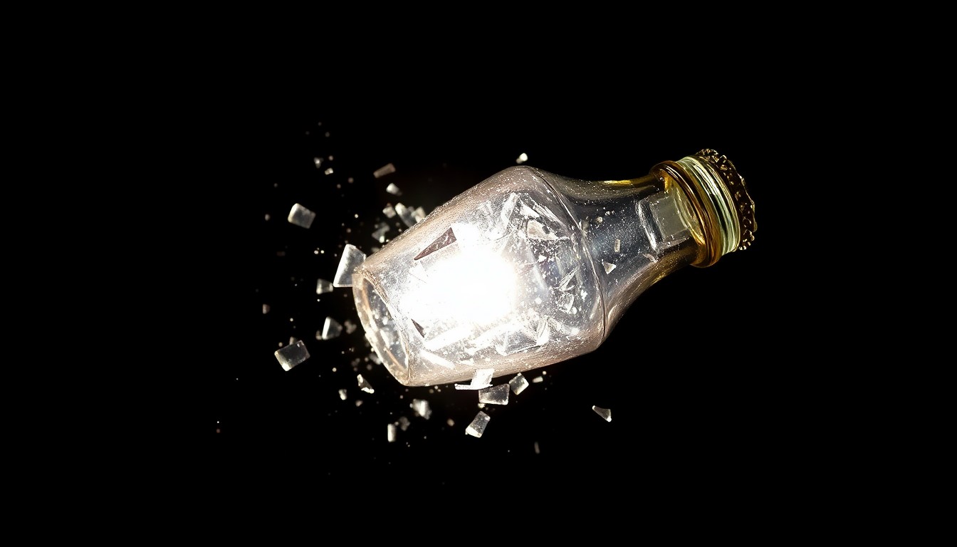 An extreme close-up of a shattered glass object, its jagged edges and textured surface dramatically illuminated by a harsh flash against a dark background, conveying the violent and sudden nature of the Molotov cocktail attack.