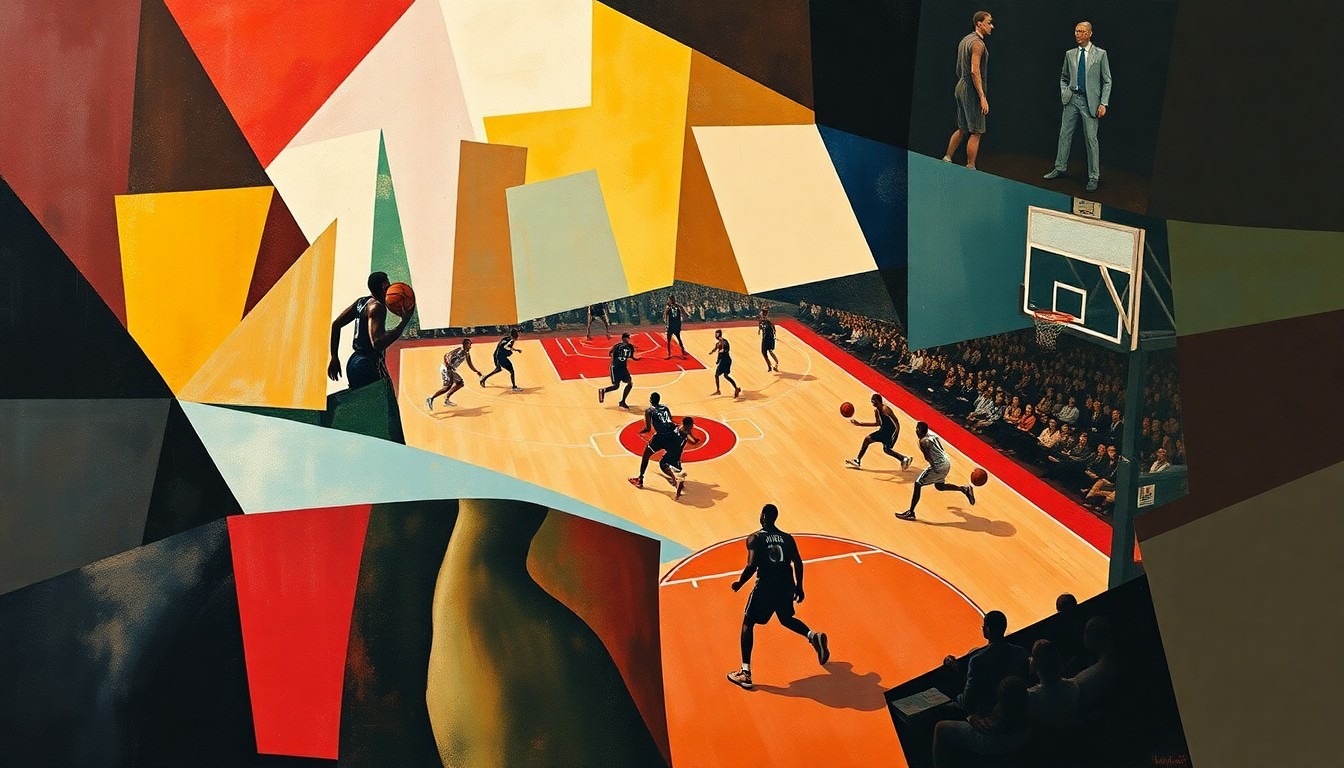 A cubist, geometric painting depicting the dynamic movement and energy of a basketball game, with players and the court reduced to abstract shapes and planes of color.