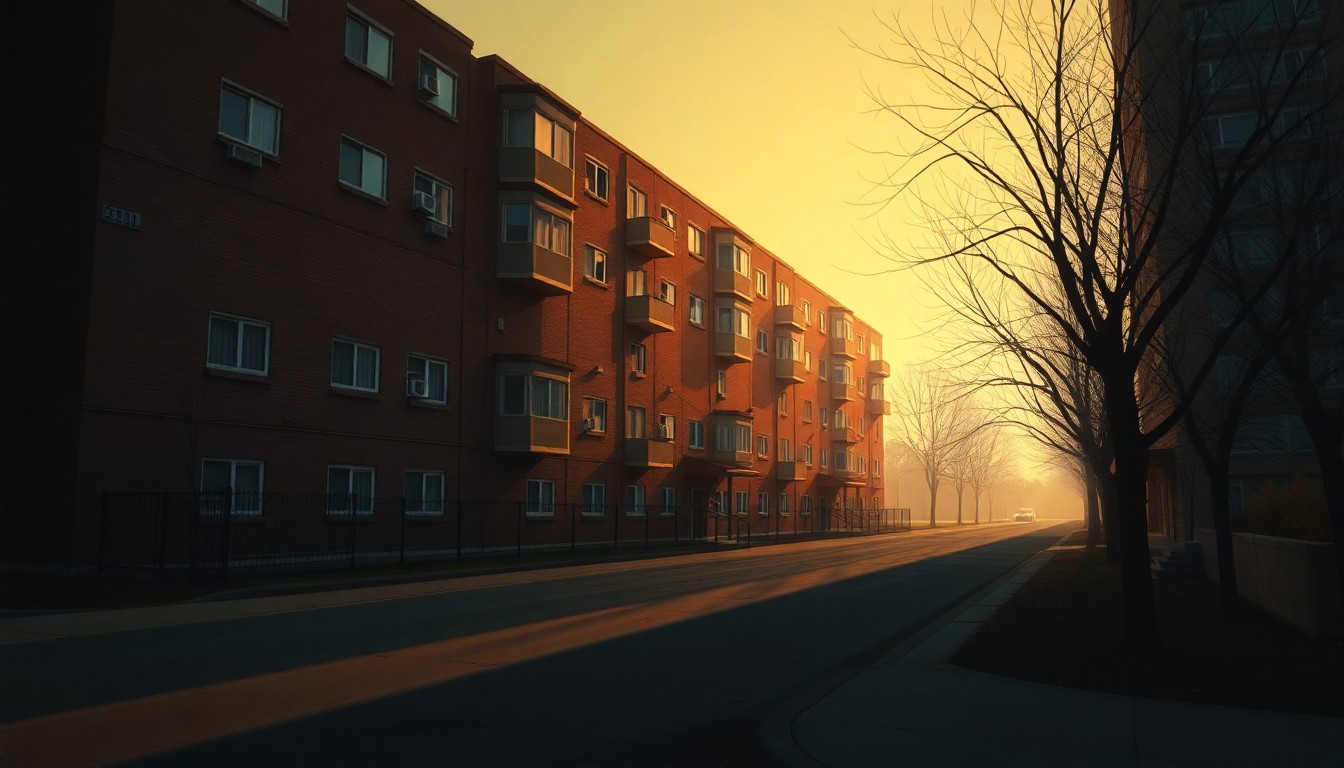 A realistic oil painting depicting a public housing building in warm, muted tones, with deep shadows and a sense of solitude, conveying the somber mood surrounding allegations of financial mismanagement.