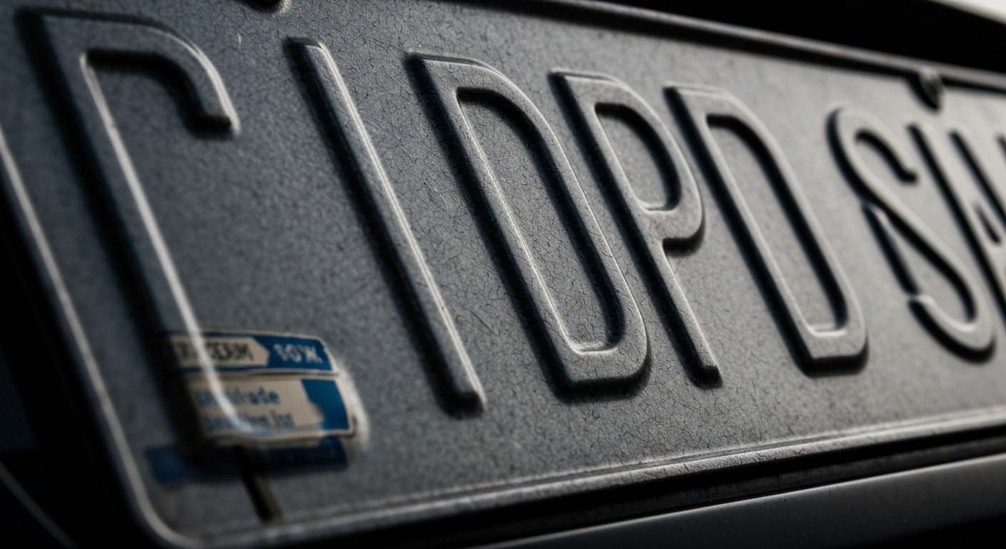 An extreme close-up of a car's license plate, with the textured surface and faint reflection of a street sign conveying the concept of location-based pricing differences.