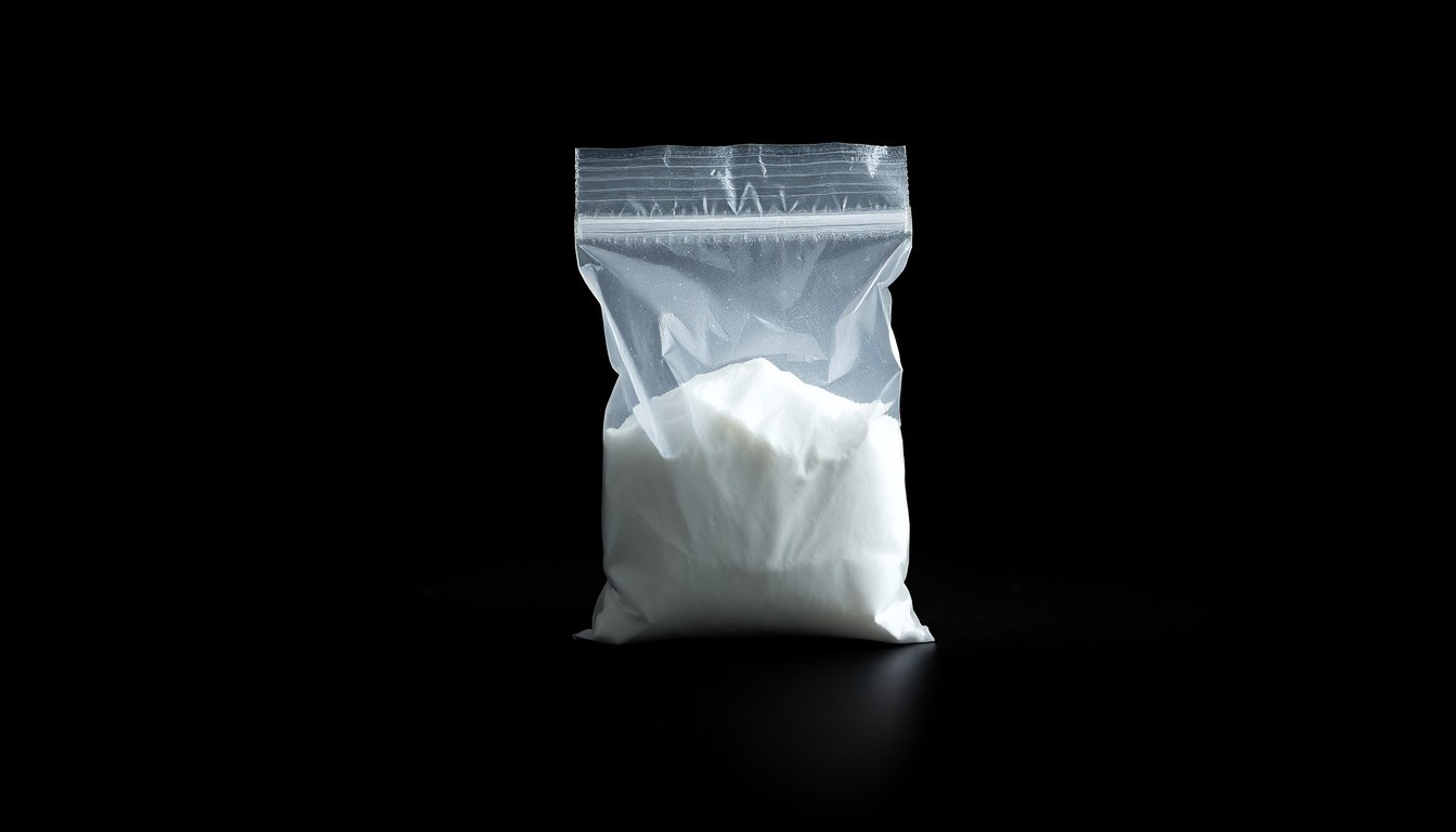 An extreme close-up photograph of a small plastic bag containing a white crystalline substance, conceptually representing the seizure of methamphetamine by law enforcement.