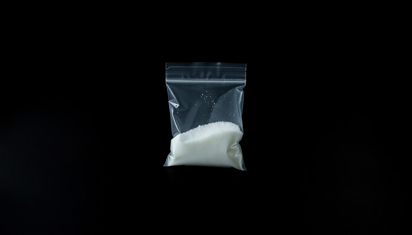 An extreme close-up photograph of a small clear plastic bag containing white powder, lit by a harsh direct camera flash against a pitch-black background, conceptually representing evidence from a drug-related arrest.