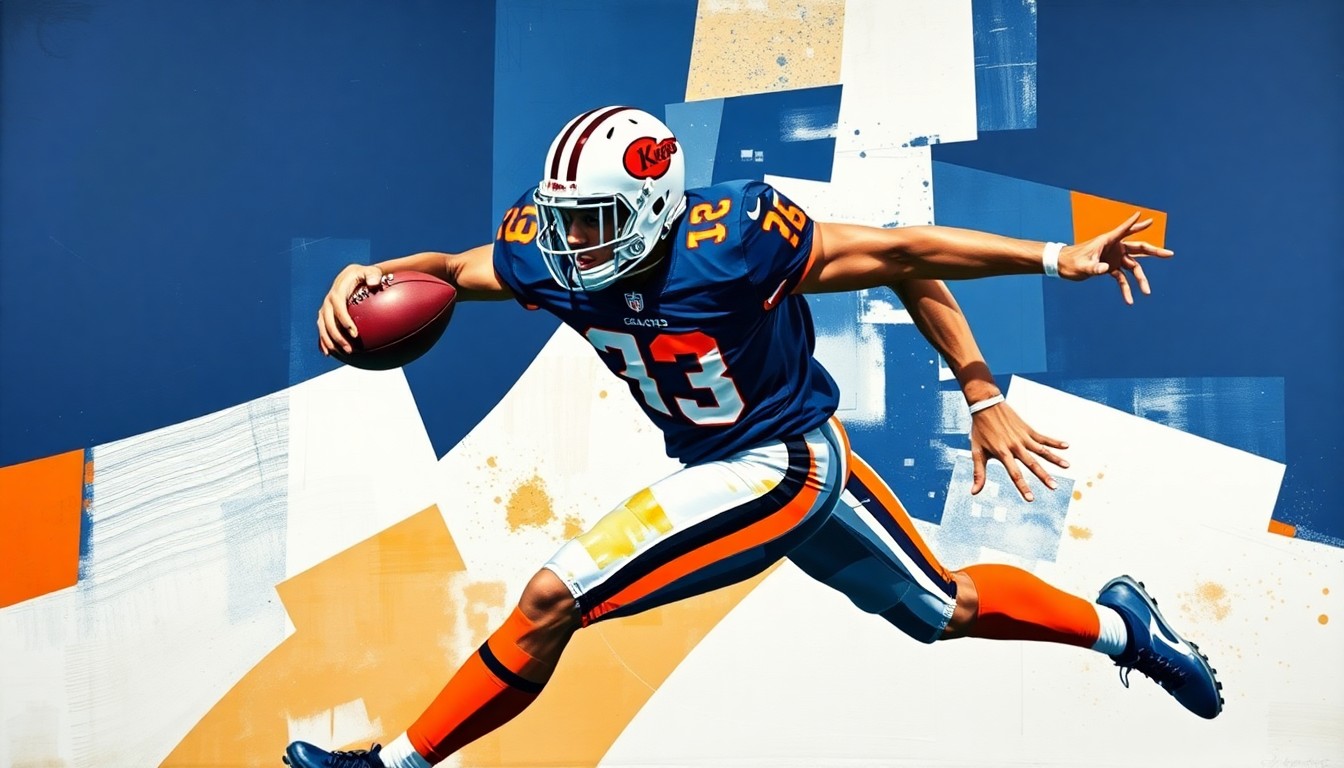 A fractured, geometric painting depicting the dynamic motion of a football player rushing the passer, with sharp planes of navy blue, orange, and white conveying the raw power and athleticism of the prospect.