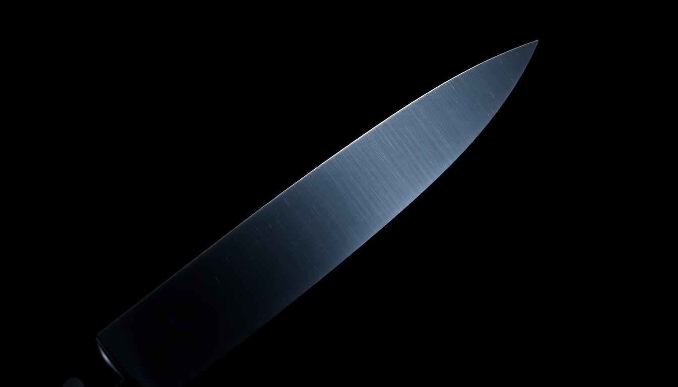 An extreme close-up of a kitchen knife blade against a pitch-black background, lit by a harsh, direct camera flash, conceptually representing the violence and tragedy of a fatal stabbing.