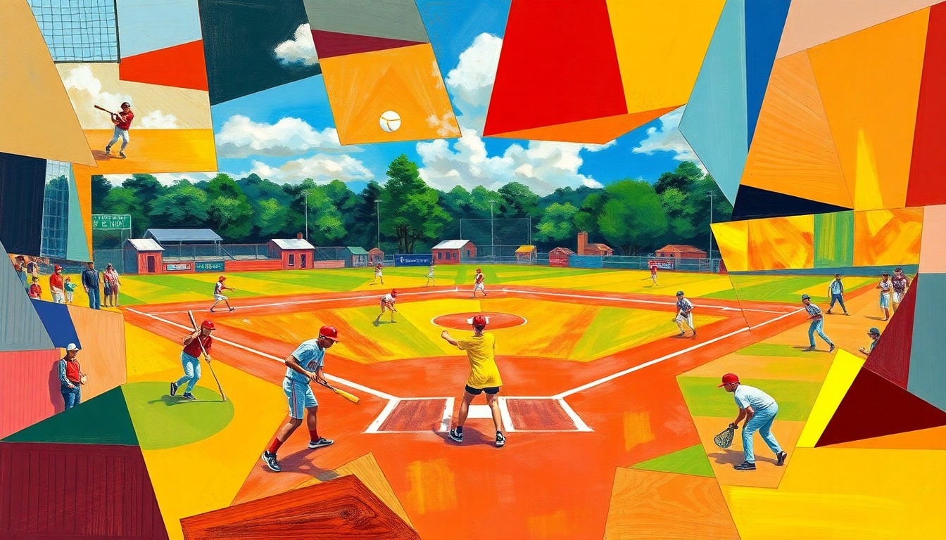 A fragmented, geometric painting depicting the dynamic movements and energy of a high school softball game, with sharp planes of color and form representing the players, field, and equipment.