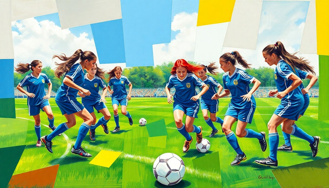 A fragmented, geometric painting depicting the dynamic movements and perspectives of a girls high school soccer match, with sharp planes of green, blue, and white shapes.