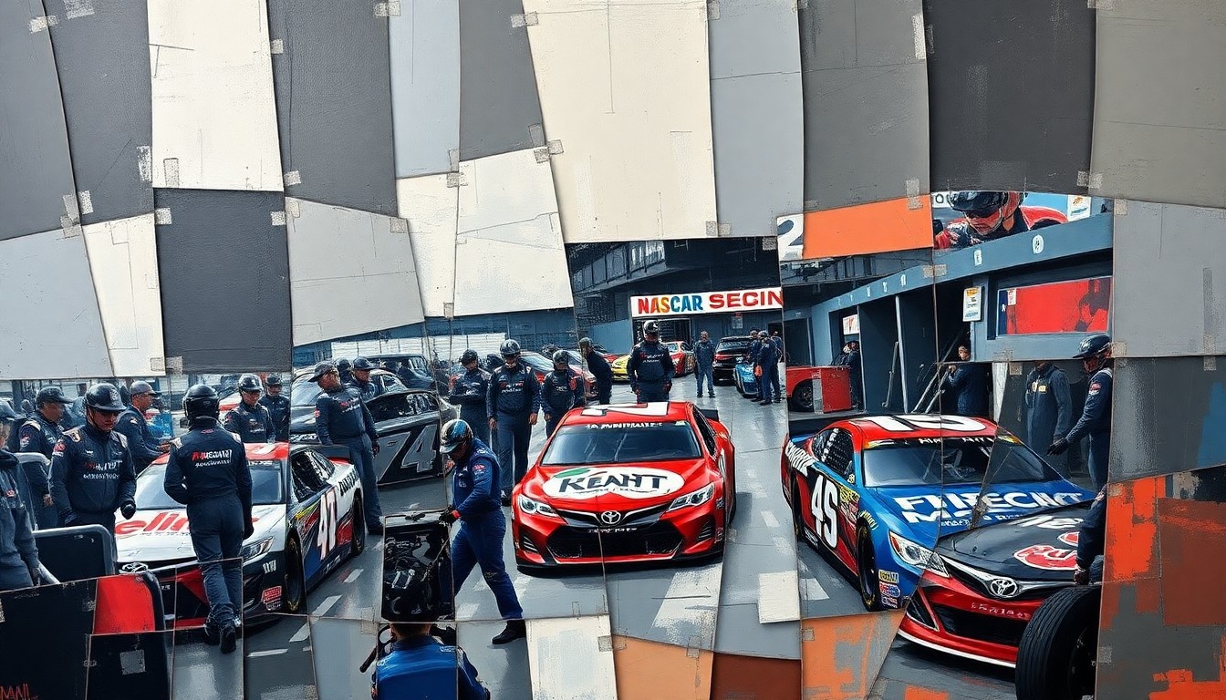 A cubist, geometric painting depicting a fragmented NASCAR pit crew and race cars, conveying the intense competition and legal tensions between the two teams.