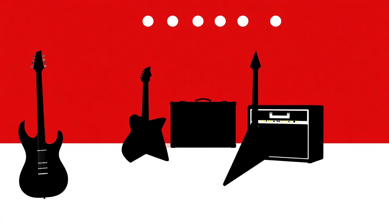 A bold, graphic composition of jagged, angular black silhouettes representing the iconic shapes and symbols of Southern rock music, such as electric guitars, amplifiers, and stage lights, set against a high-contrast background of deep red and bright white.