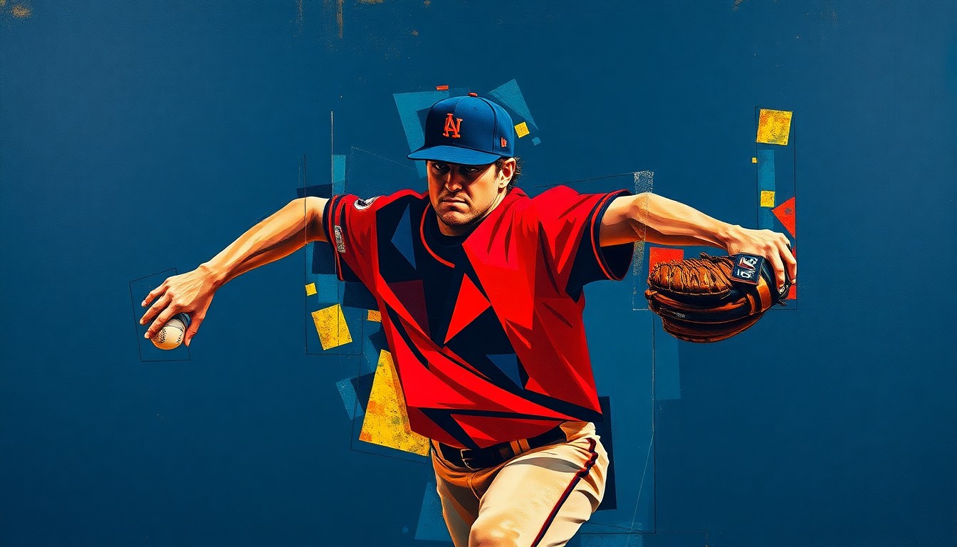 A cubist, geometric painting depicting the motion of a baseball pitcher, with sharp, overlapping planes of navy blue, crimson red, and gold, conveying the complex challenges facing the Diamondbacks' pitching staff.