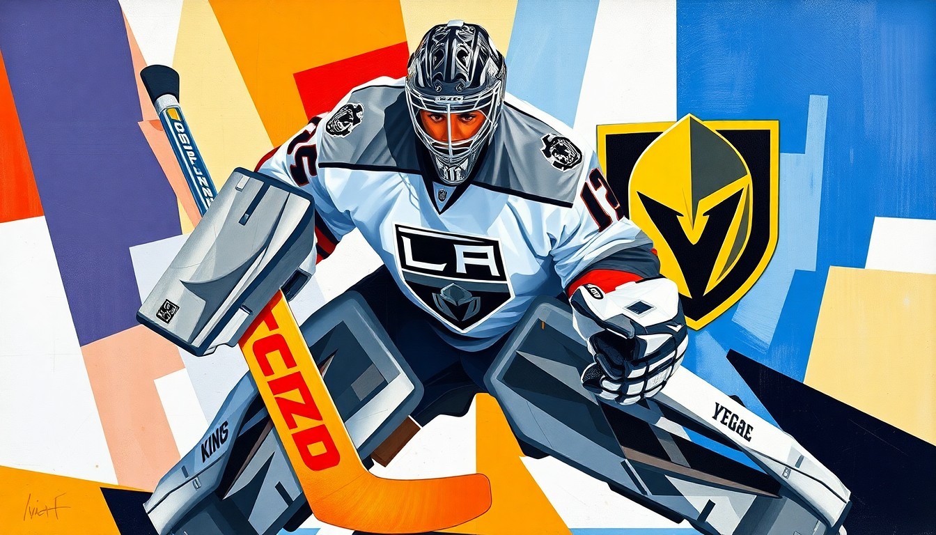 A cubist, geometric painting depicting the movements and actions of a hockey goaltender, with sharp, overlapping planes in the official team colors of the Los Angeles Kings and Vegas Golden Knights, conceptually representing the storied career of Jonathan Quick.