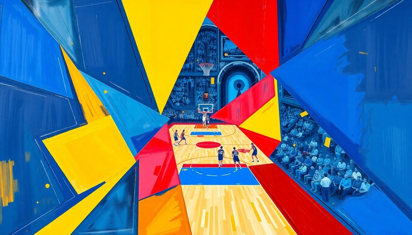 A cubist, geometric painting depicting a WNBA basketball game or match, with overlapping planes of vibrant colors like blue, red, and yellow, conveying the dynamic energy of the sport.