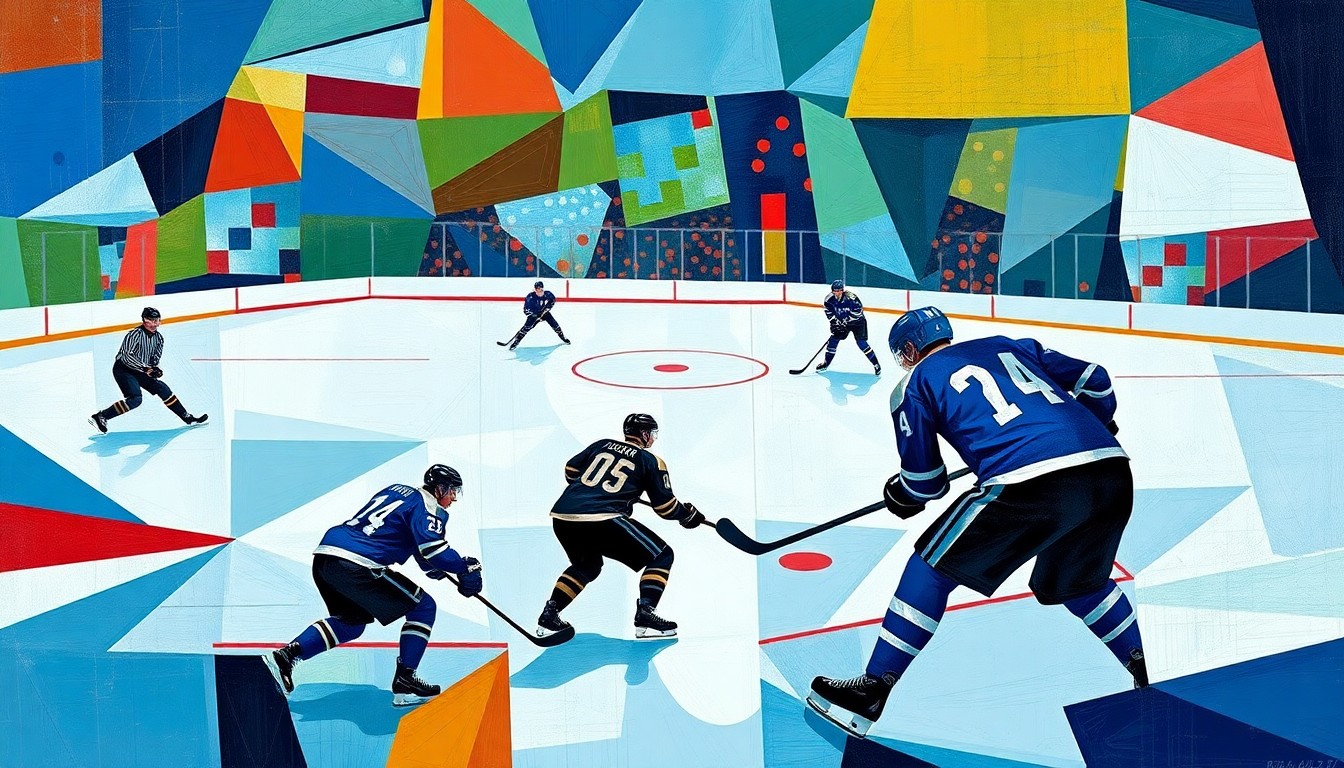 A fragmented, geometric painting depicting a hockey game, with the players and ice represented as angular, overlapping shapes in a vibrant color palette, capturing the dynamic movement and intensity of the sport.