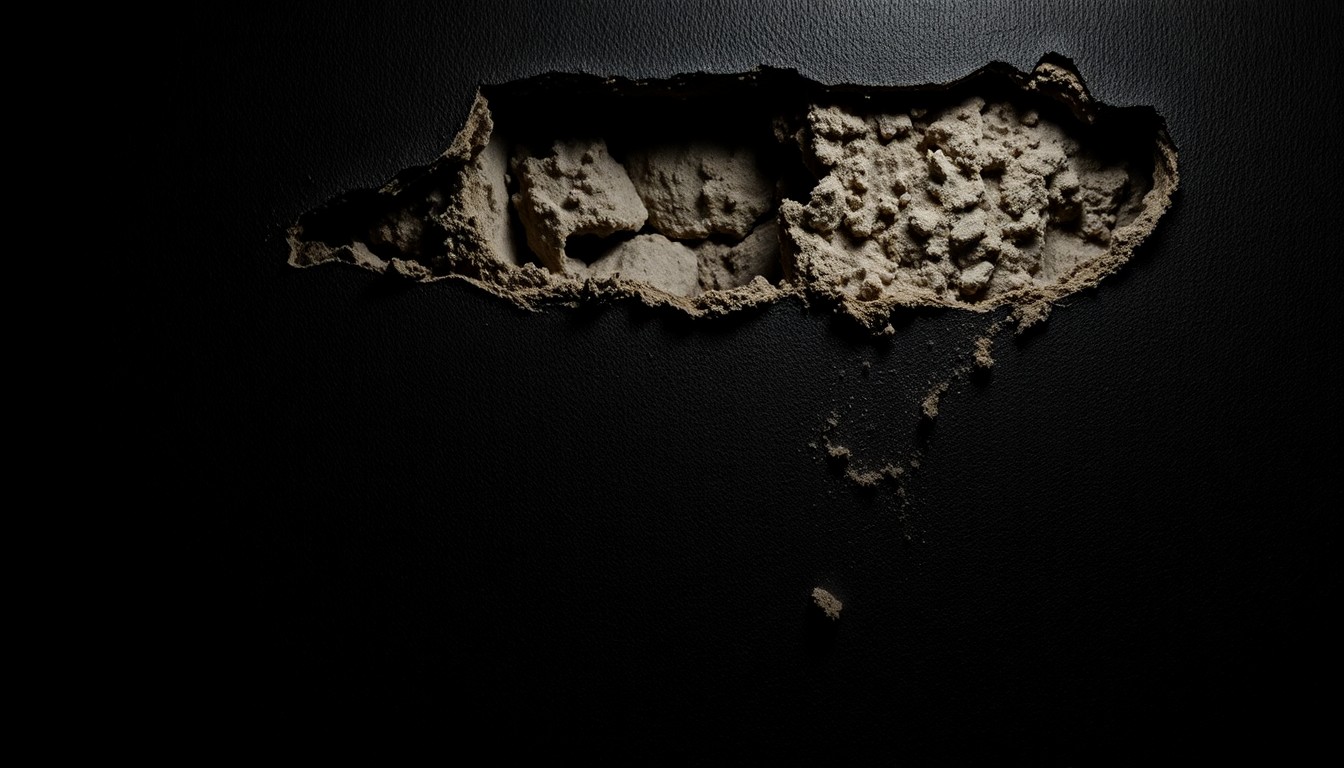 An extreme close-up photograph of a damaged drywall surface with exposed insulation, conceptually illustrating the aftermath of a SWAT team raid on a private residence.