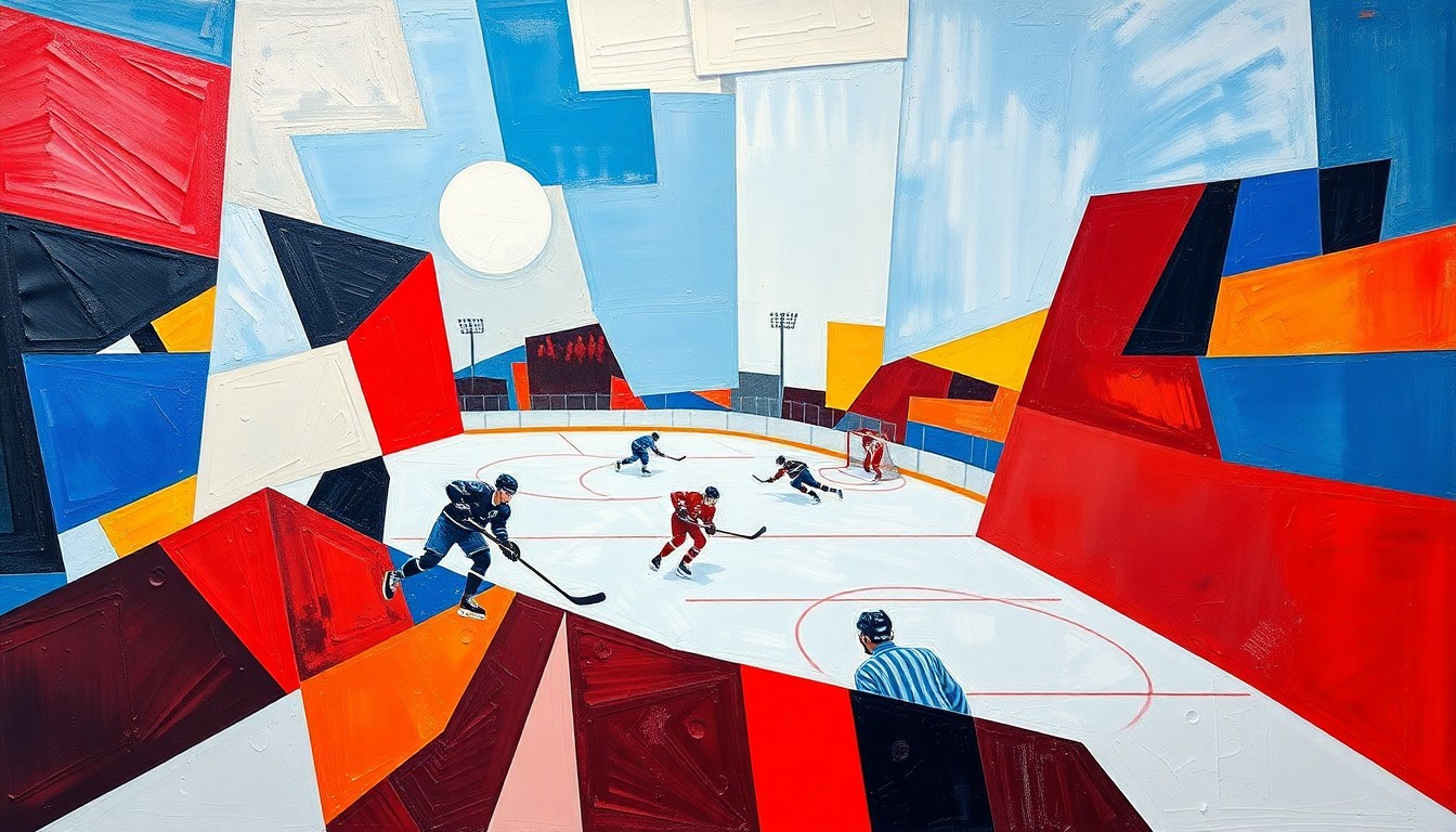 A cubist, geometric painting depicting a hockey game, with sharp, overlapping planes of color representing the fast-paced action on the ice.