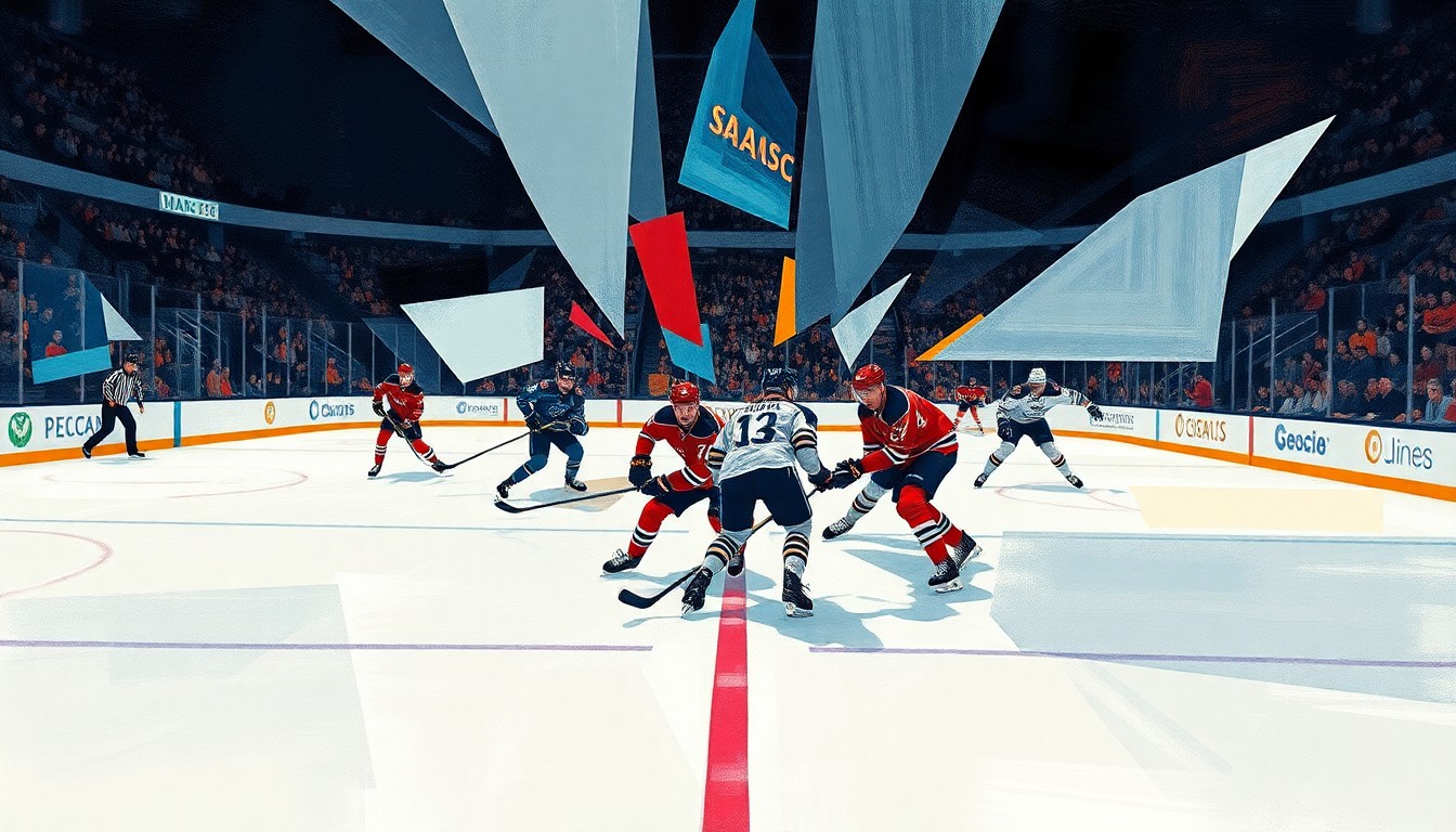 A cubist, geometric painting depicting a hockey game, with the players and rink deconstructed into abstract shapes and angles, capturing the energy and motion of the sport.