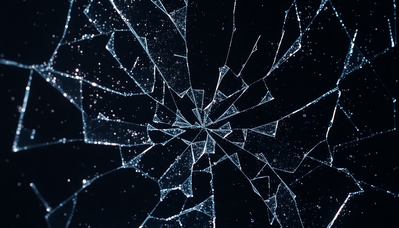 An abstract close-up image of a shattered, glittering glass surface, capturing the fragile and complex relationship between people and technology in a dystopian setting.