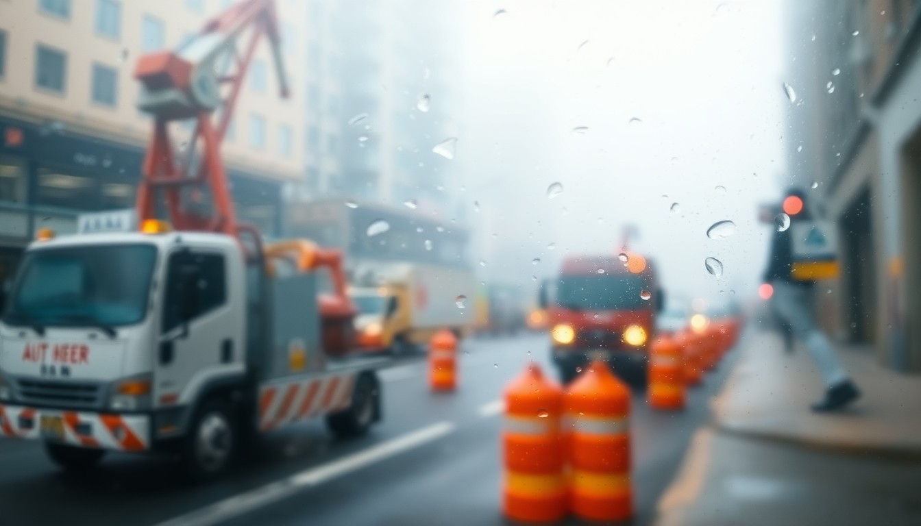 An extremely abstracted, out-of-focus photograph depicting a hazy, blurred scene of construction equipment and orange traffic cones on a city street, with soft pools of warm, muted colors conceptually representing the upcoming roadwork project.
