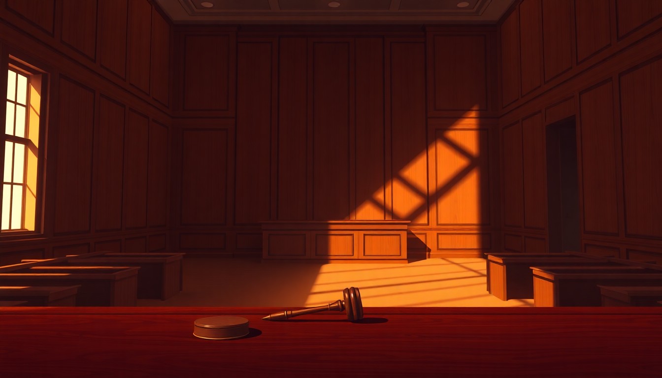 A cinematic painting of an empty courtroom bathed in warm, diagonal sunlight and deep shadows, with a lone judge's gavel resting on the bench, conceptually representing the legal complexities of a high-profile defamation case.